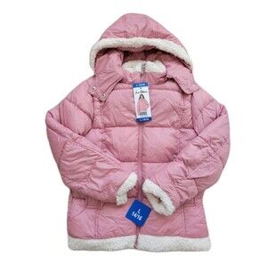Sam Edelman Girls Star Puffer Coat Jacket Sherpa Hooded Pink Size L (14/16)